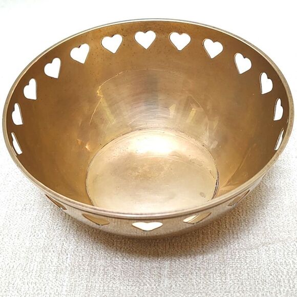 Vintage Hand Made Brass Bowl Rimmed Heart Cut Out - Picture 1 of 9